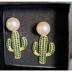 Gold Cactus Green Rhinestones Large Pearl Dangle Earrings